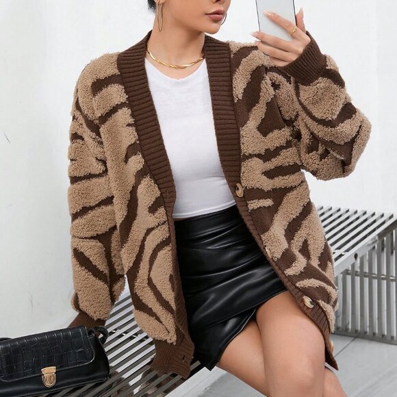 Brown Casual Women's Graphic zebra animal Print Drop Shoulder sweater Cardigan - Picture 5 of 6